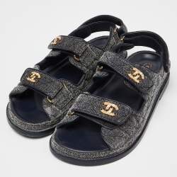 Chanel Navy Blue Quilted Velvet CC Velcro Dad Flats Size 37.5