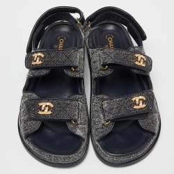 Chanel Navy Blue Quilted Velvet CC Velcro Dad Flats Size 37.5