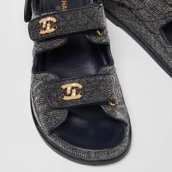 Chanel Navy Blue Quilted Velvet CC Velcro Dad Flats Size 37.5