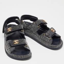 Chanel Navy Blue Quilted Velvet CC Velcro Dad Flats Size 37.5