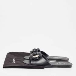 Chanel Black Leather Camelia Flat Slides Size 41