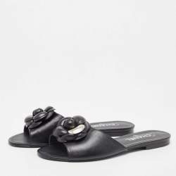 Chanel Black Leather Camelia Flat Slides Size 41
