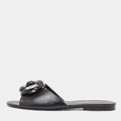 Chanel Black Leather Camelia Flat Slides Size 41