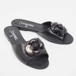 Chanel Black Leather Camelia Flat Slides Size 41