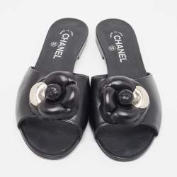 Chanel Black Leather Camelia Flat Slides Size 41