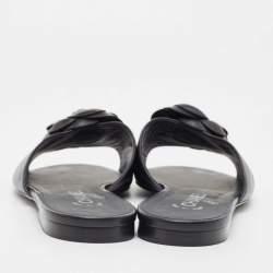 Chanel Black Leather Camelia Flat Slides Size 41