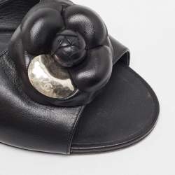 Chanel Black Leather Camelia Flat Slides Size 41