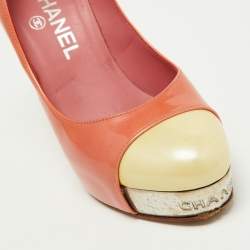 Pre Owned Chanel Peach/Yellow Patent Leather Platform Pumps Size 35