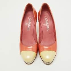 Pre Owned Chanel Peach/Yellow Patent Leather Platform Pumps Size 35