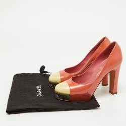 Pre Owned Chanel Peach/Yellow Patent Leather Platform Pumps Size 35