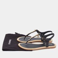 Pre Owned Chanel Black Leather Chain Link CC Thong Flat Sandals Size 41