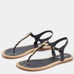Pre Owned Chanel Black Leather Chain Link CC Thong Flat Sandals Size 41