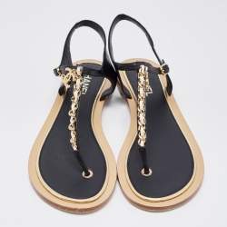 Pre Owned Chanel Black Leather Chain Link CC Thong Flat Sandals Size 41
