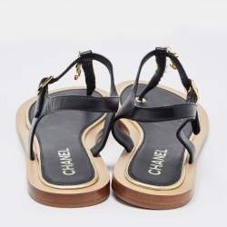 Pre Owned Chanel Black Leather Chain Link CC Thong Flat Sandals Size 41