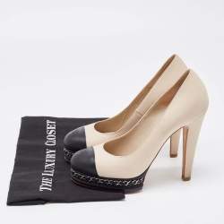 Chanel Beige/Black Leather CC Cap Toe Chain Link Platform Pumps Size 38.5