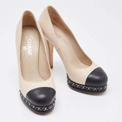 Chanel Beige/Black Leather CC Cap Toe Chain Link Platform Pumps Size 38.5