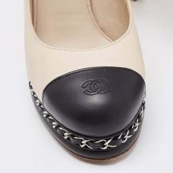 Chanel Beige/Black Leather CC Cap Toe Chain Link Platform Pumps Size 38.5