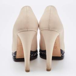 Chanel Beige/Black Leather CC Cap Toe Chain Link Platform Pumps Size 38.5