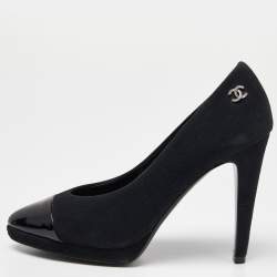 Pre Owned Chanel Black Fabric and Patent Leather Cap Toe CC Pumps Size 38