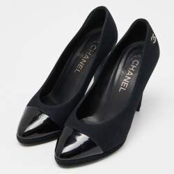 Pre Owned Chanel Black Fabric and Patent Leather Cap Toe CC Pumps Size 38
