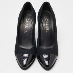 Pre Owned Chanel Black Fabric and Patent Leather Cap Toe CC Pumps Size 38