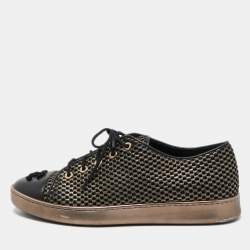 Pre Owned Chanel Gold/Black Leather and Mesh  CC Cap Toe Lace Up Sneakers Size 37.5