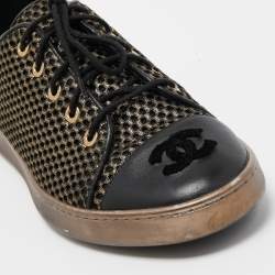 Pre Owned Chanel Gold/Black Leather and Mesh  CC Cap Toe Lace Up Sneakers Size 37.5