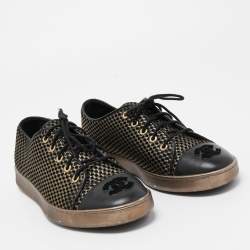 Pre Owned Chanel Gold/Black Leather and Mesh  CC Cap Toe Lace Up Sneakers Size 37.5