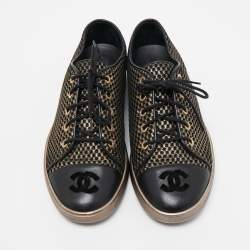 Pre Owned Chanel Gold/Black Leather and Mesh  CC Cap Toe Lace Up Sneakers Size 37.5