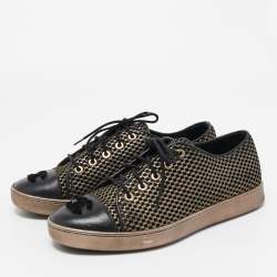Pre Owned Chanel Gold/Black Leather and Mesh  CC Cap Toe Lace Up Sneakers Size 37.5