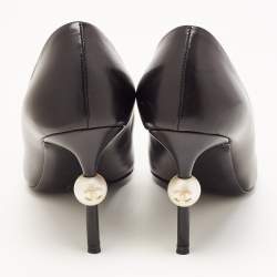 Pre Owned Chanel Black Leather and Fabric CC Faux Pearl Pumps Size 36.5