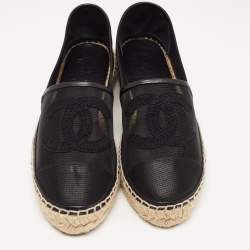Chanel Black Mesh and Leather CC Espadrille Flats Size 39