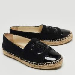 Pre Owned Chanel Black Tweed and Patent Cap Toe CC Espadrille Flats Size 37