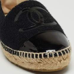Pre Owned Chanel Black Tweed and Patent Cap Toe CC Espadrille Flats Size 37