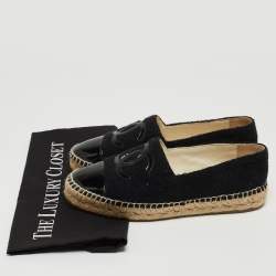 Pre Owned Chanel Black Tweed and Patent Cap Toe CC Espadrille Flats Size 37