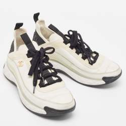 Pre Owned Chanel White Leather and Fabric CC Low Top Sneakers Size 37