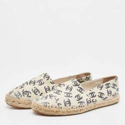 Chanel Cream/Black Leather CC Printed Espadrilles Size 38