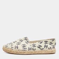 Chanel Cream/Black Leather CC Printed Espadrilles Size 38