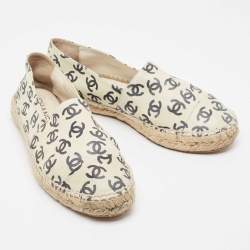 Chanel Cream/Black Leather CC Printed Espadrilles Size 38
