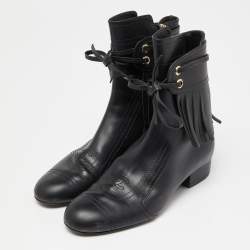Chanel Black Leather Fringe Double Zip CC Boots Size 37.5
