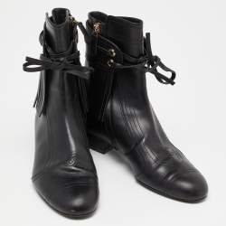 Chanel Black Leather Fringe Double Zip CC Boots Size 37.5