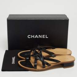 Pre Owned Chanel Black Leather Criss Cross Slide Sandals Size 39