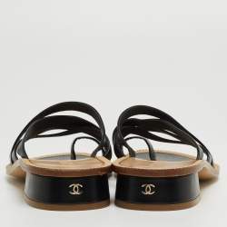 Pre Owned Chanel Black Leather Criss Cross Slide Sandals Size 39
