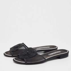 Chanel Black Mesh Camellia Slide Flats Size 37.5 