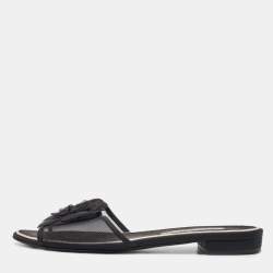 Chanel Black Mesh Camellia Slide Flats Size 37.5 