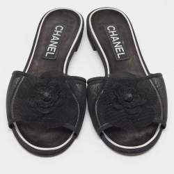 Chanel Black Mesh Camellia Slide Flats Size 37.5 