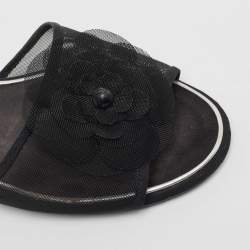 Chanel Black Mesh Camellia Slide Flats Size 37.5 