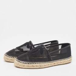 Pre Owned Chanel Black Mesh and Leather CC Cap Toe Espadrille Flats Size 38