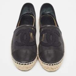 Pre Owned Chanel Black Mesh and Leather CC Cap Toe Espadrille Flats Size 38