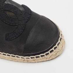 Pre Owned Chanel Black Mesh and Leather CC Cap Toe Espadrille Flats Size 38